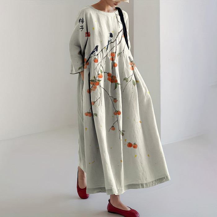 Japanese Persimmon Art Linen Blend Maxi Dress