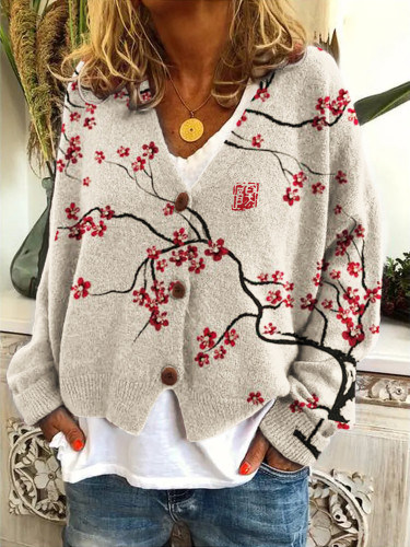 Classy Cherry Blossom Japanese Art Cozy Knit Cardigan