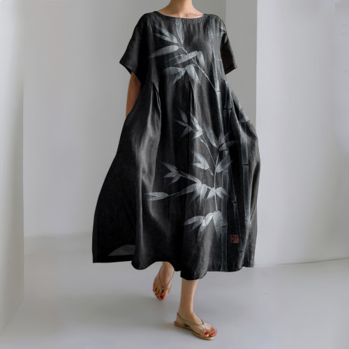 Japanese Art Bamboo Ink And Wash Linen Blend Maxi Dress