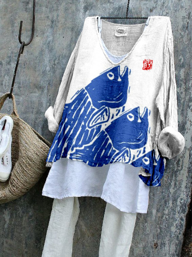 Japanese Fish Lino Art Linen Blend Tunic