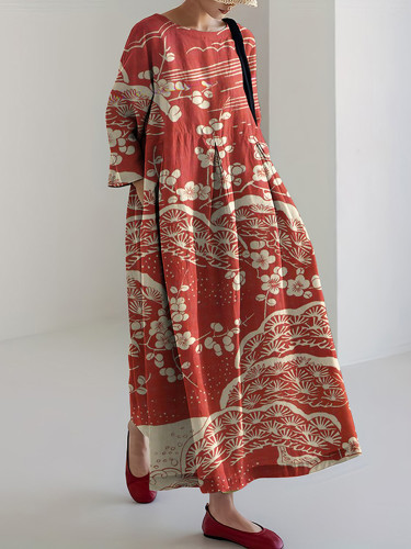 Women Japanese Art Plum Blossom Linen Blend Long Sleeve Maxi Dress