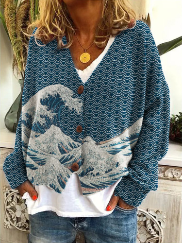 The Great Wave off Kanagawa Japanese Art Cozy Knit Cardigan