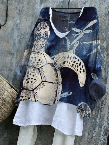 Sea Turtle & Fish Japanese Lino Art Linen Blend Tunic