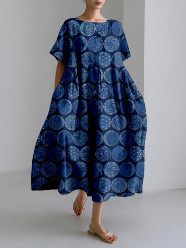Sashiko Moon Phases Japanese Art Linen Blend Maxi Dress