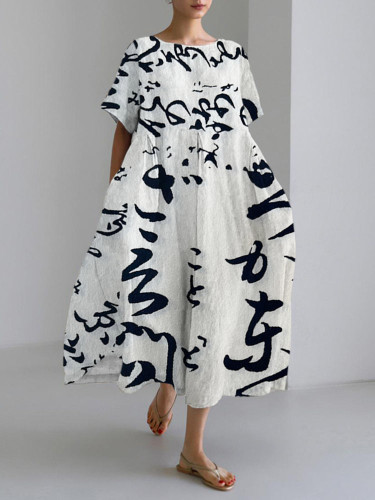 Japanese Word Art Print Linen Blend Maxi Dress