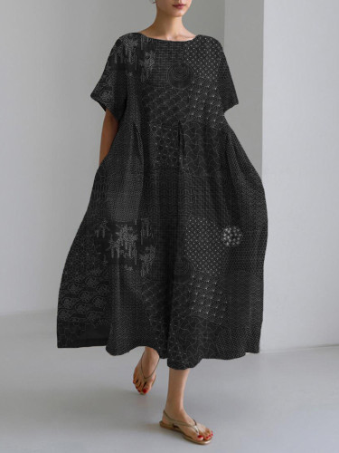 Japanese Traditional Sashiko Art Linen Blend Maxi Dress
