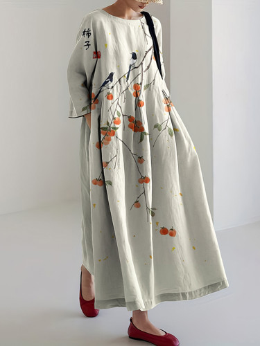 Japanese Persimmon Art Linen Blend Maxi Dress