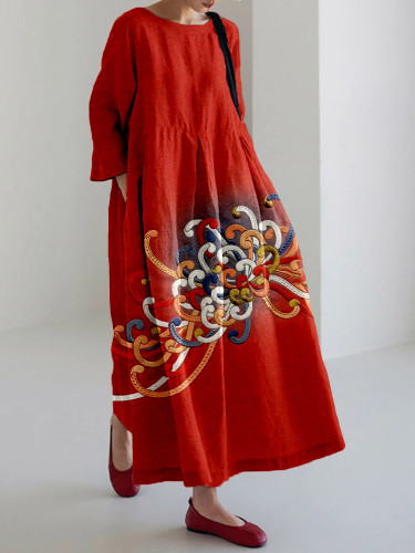 Embroidered Japanese Flower Art Linen Blend Maxi Dress
