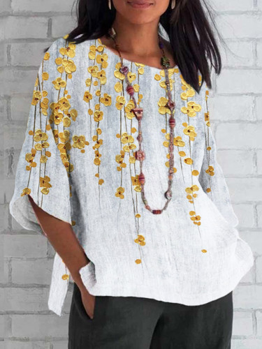 Gold Floral Embossed Art Print Cotton and Linen T-Shirt