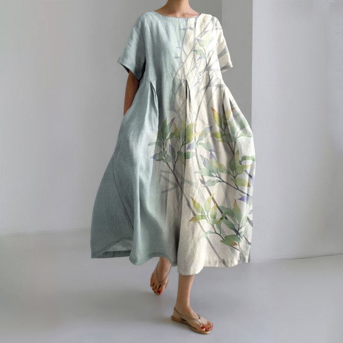 Japanese Style Floral Print Short Sleeve Loose Midi Dress