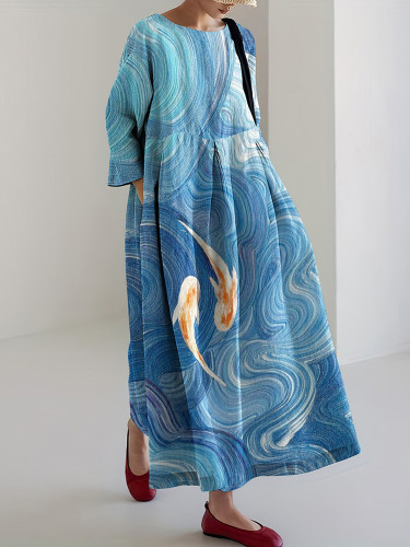 Japanese Art Wave Goldfish Print Crew Neck Loose Midi Dress