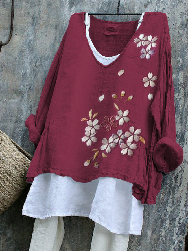 Classy Cherry Blossom Japanese Embroidery Linen Blend Tunic
