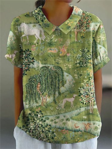Women's Floral  Print Casual Cotton And Linen Shirt