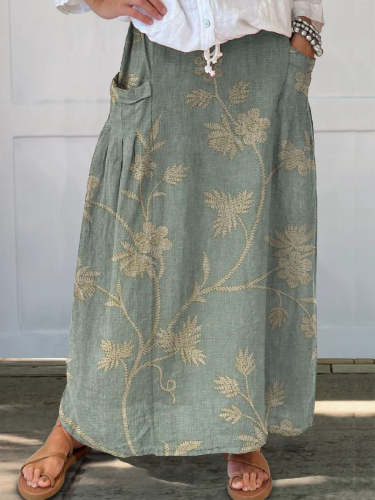 Women's Retro Floral Art Linen Pocket Skirt