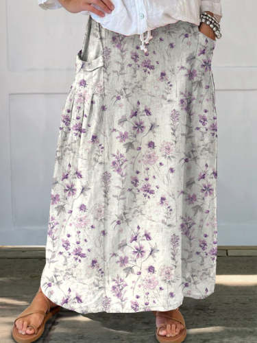 Women's Vintage Floral Art Linen Elastic waistband Pocket Skirt