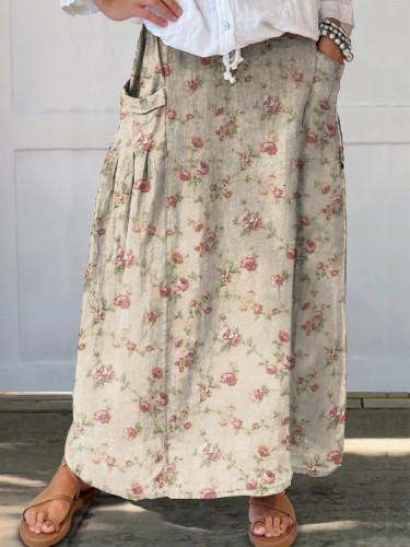 Retro Elegant Floral Print Women's Pocket Skirt