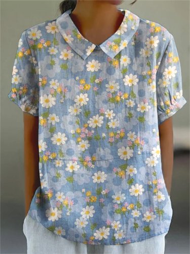 Women's  Retro  Flower Art Print Casual Cotton And Linen Shirt