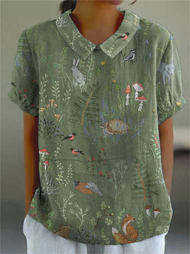 Woodland And Animal Pattern Printed Women's Casual Cotton And Linen Shirt