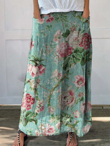 Women's Retro Floral Art Casual Linen Pocket Skirt