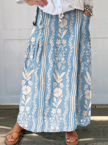 Retro Blue Floral Print Women's Pocket Skirt