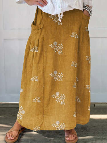 Women's  Flower Art Print  Linen Pocket Skirt