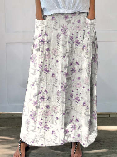 Women's Vintage Floral Art Linen Elastic waistband Pocket Skirt