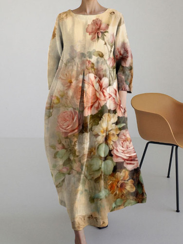 Retro Chic Old Floral Print Long Sleeve Midi Dres