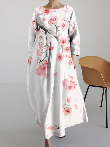 Japanese Cherry Blossom Round Neck Long Sleeve Midi Dress