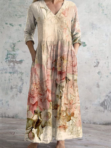 Retro Chic Floral V-Neck Long Sleeve Midi Dress