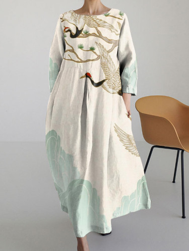 Japanese Style Crane Round Neck Long Sleeve Midi Dress