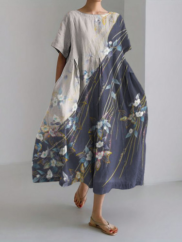 Classy Floral Contrast Japanese Linen Blend Maxi Dress