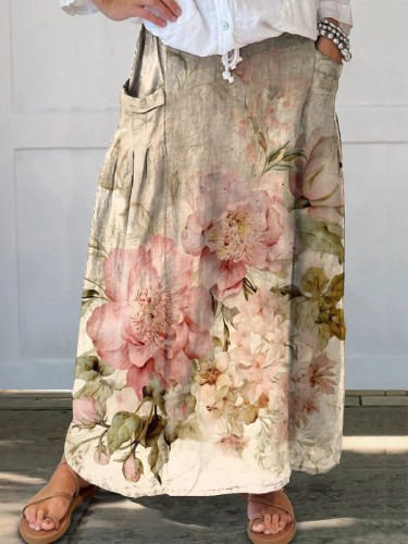 Retro Chic Floral Print Pocket Loose Skirt