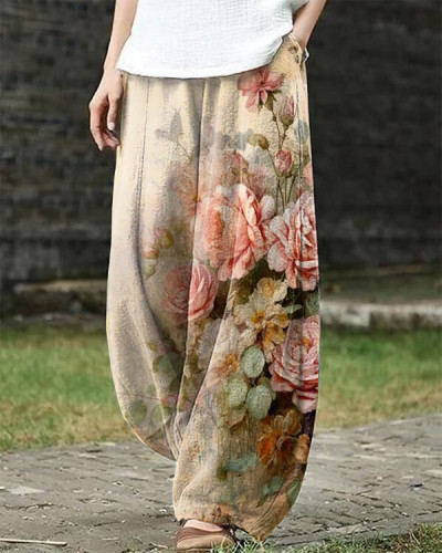 Retro Chic Old Floral Print Loose Pants