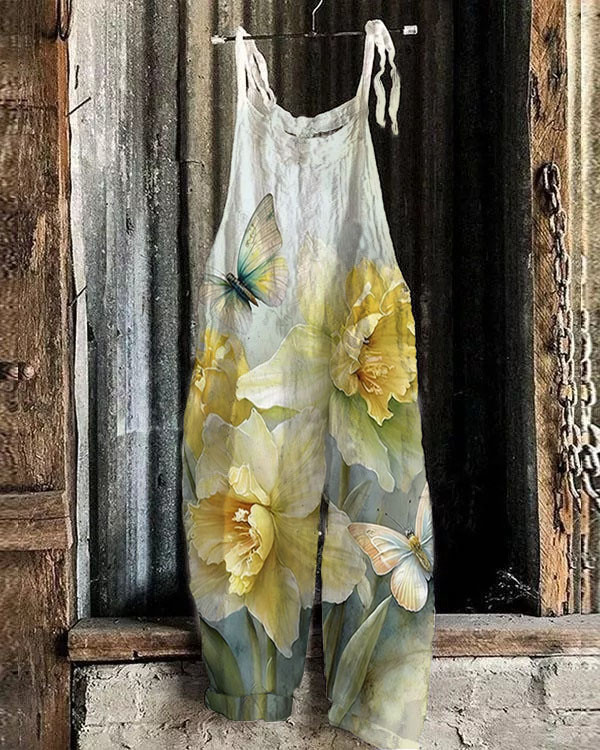 Vintage Chic Daffodil Butterfly Print Loose Jumpsuit