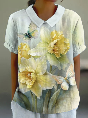 Vintage Chic Daffodil Butterfly Print Lapel Short Sleeve Top