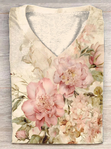 Vintage Chic Floral Print V-Neck Short Sleeve T-Shirt