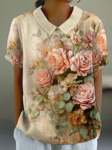 Retro Chic Distressed Floral Print Short Sleeve Lapel Top
