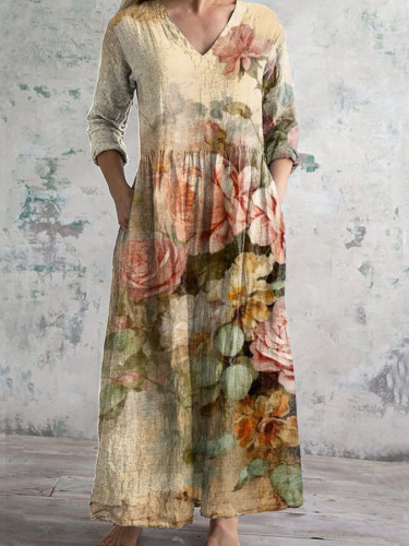 Retro Chic Old Floral Print Short Sleeve V Neck Midi Dress