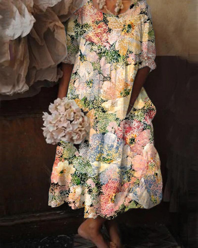 Retro Floral Print Short Sleeve Puff Sleeve Dress