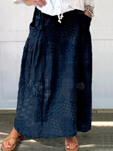 Japanese Traditional Sashiko Art Linen Blend Pocket Half Skirt