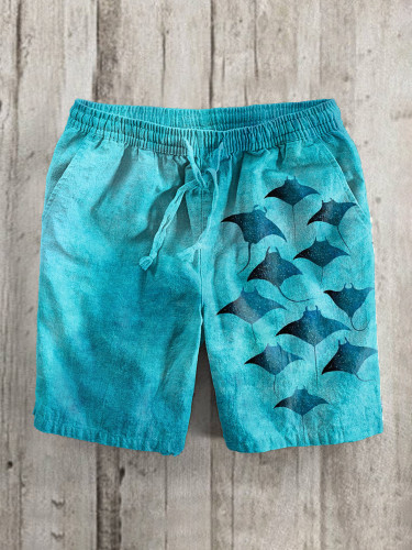 Manta Rays Art Print Linen Blend Casual Shorts