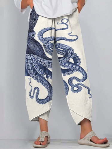 Japanese Art Octopus Print Casual Pants