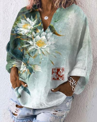 V-neck Loose Long-sleeved Gradient White Ink Flowers and Linen Blouse