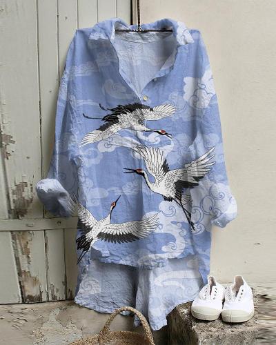 Cranes Japanese Art Cotton And Linen Tunic Shirt