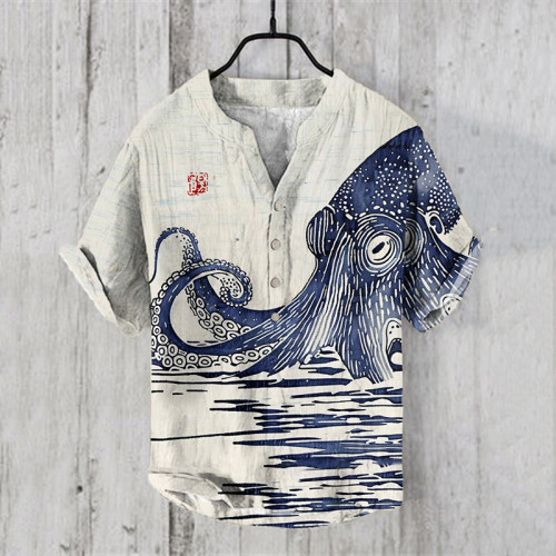 Japanese Art Sea World Vintage Octopus Graphic Painting Art Linen V-Neck Shirt