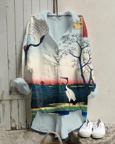 Japanese Cranes Print Cotton And Linen Tunic Shirt