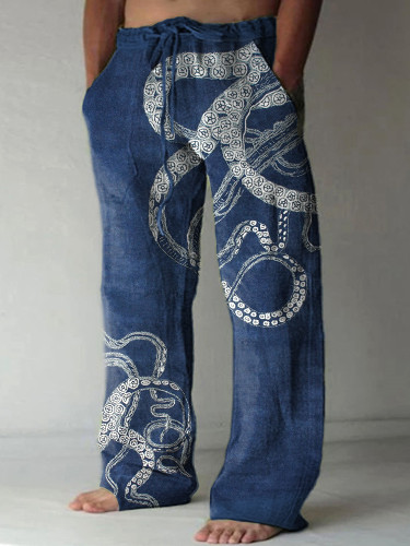 Vintage Octopus Print Linen Blend Casual Pants