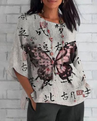 Ink Chinese Character Butterfly Art 3/4 Sleeve Shirt