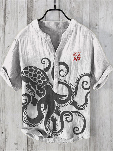 Vintage Japanese Octopus Art Linen Blend Shirt