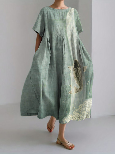 Upstream Carp Japanese Art Linen Blend Maxi Dress